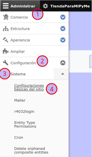 Muestra la ruta en el menú Administrar para llegar a las Configuraciones básicas del sitio