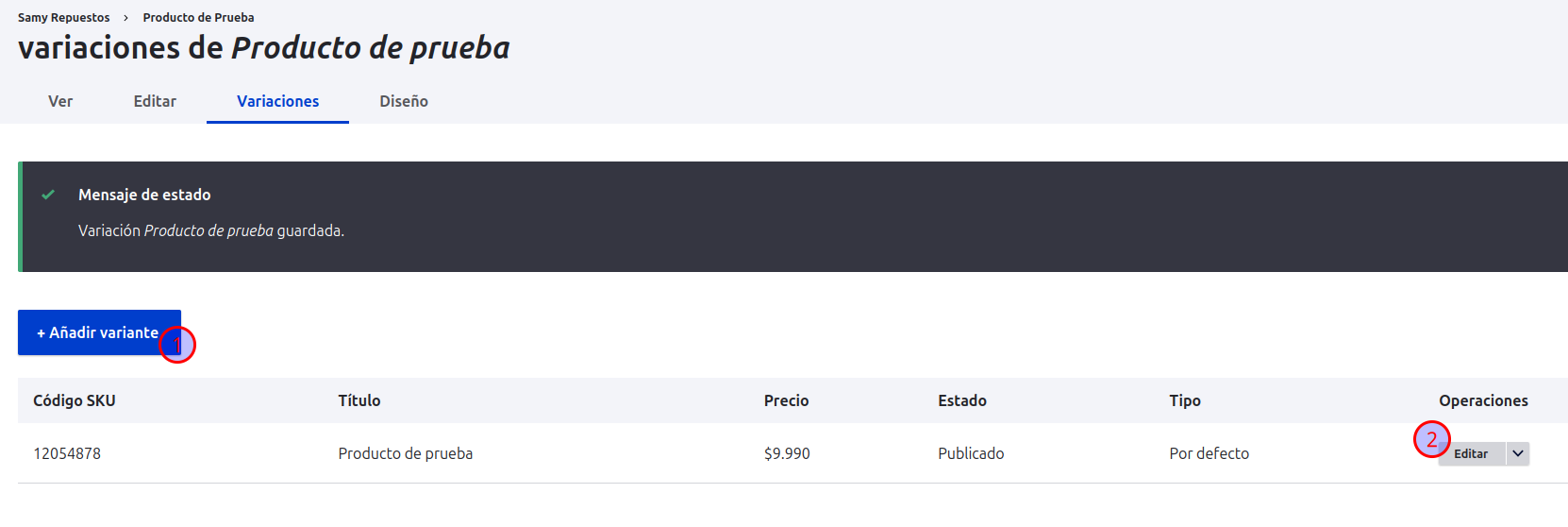 Imagen que muestra el listado de varaciones del producto.