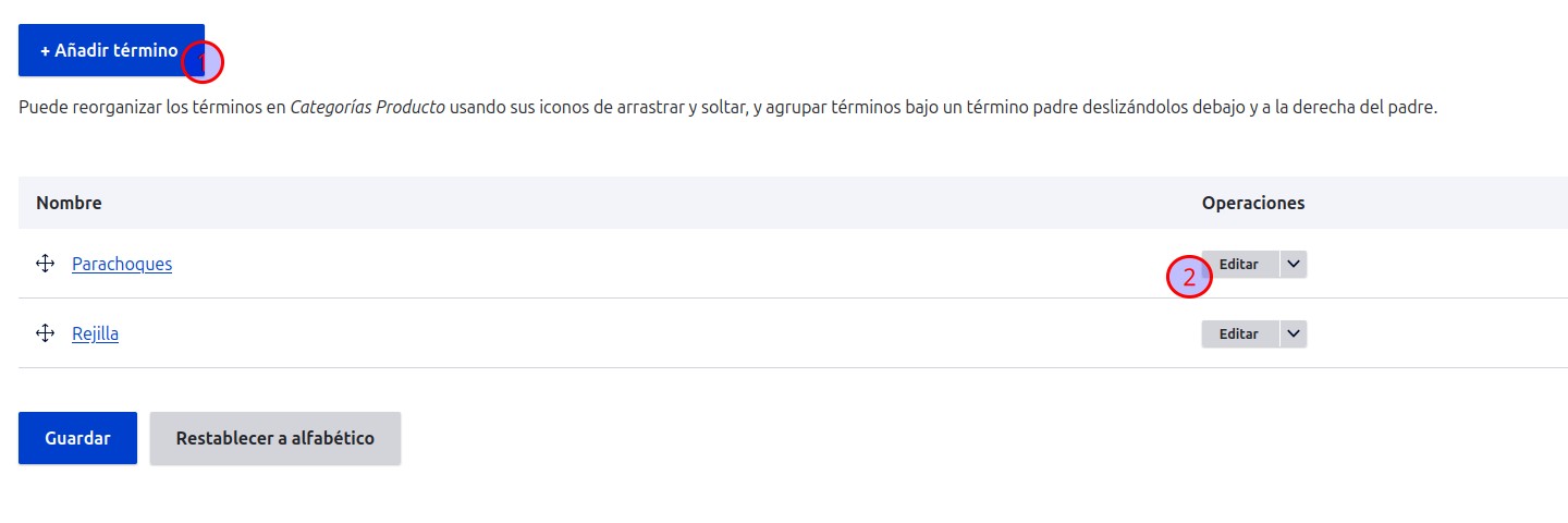 Listado de términos de taxonomía